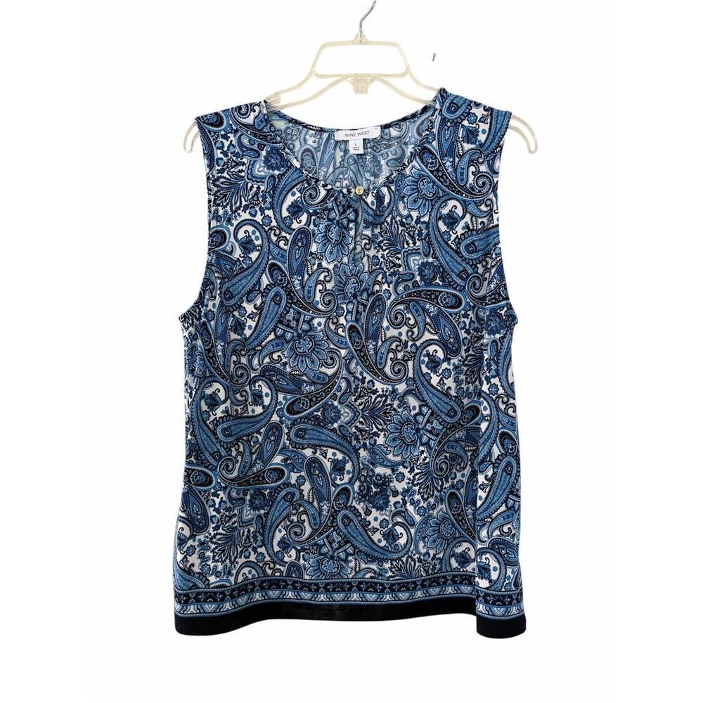Nine West Blue Paisley Sleeveless Top with Button Detail